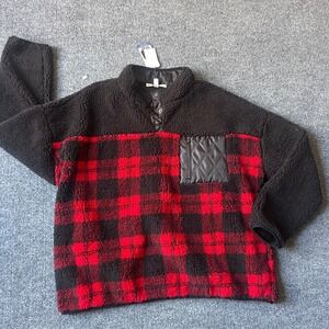 Seven7 Womens Sherpa Snap Pullover Buffalo Plaid Red Black Fleece Jacket New